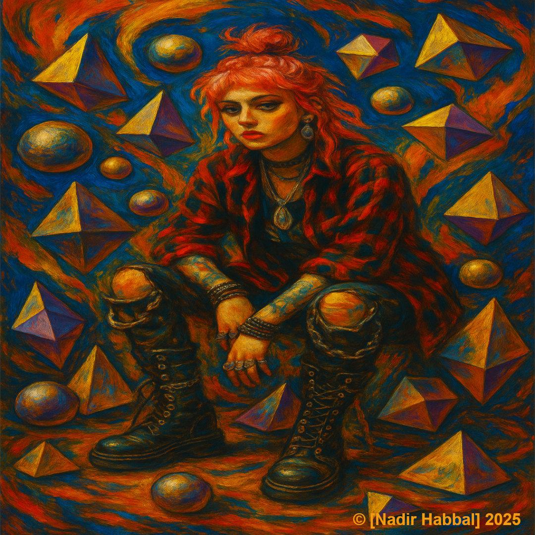 Geometrie der Rebellion – Expressionistische Ölmalerei von Nadir Habbal Rothaarige Punkfrau im Schneidersitz, umgeben von goldenen und violetten 3D-Pyramiden und Kugeln vor blau-orangen Wirbeln.