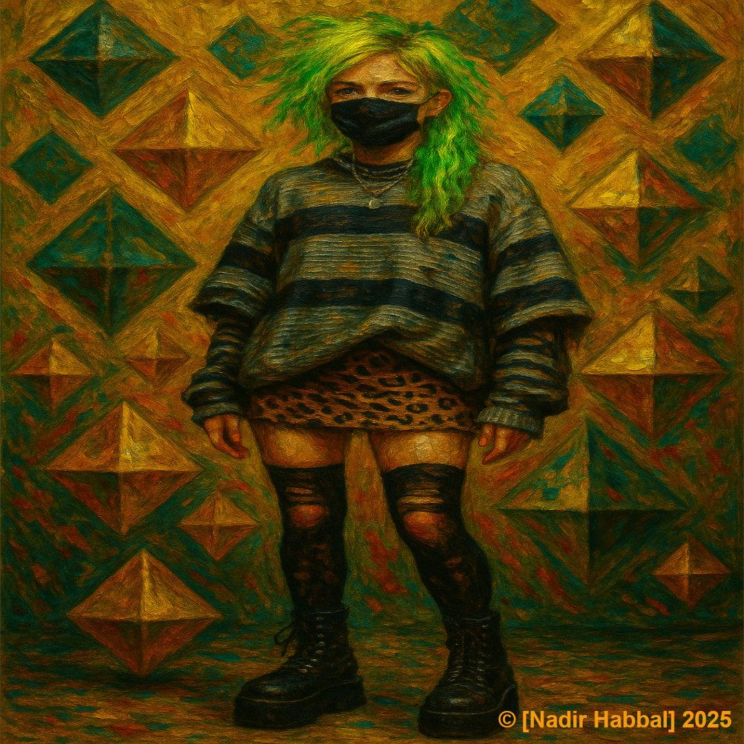 Zwischen Rauten und Rebellion – Expressionismus von Nadir Habbal Grünhaarige Figur mit Oversize-Pullover und Leopardenrock vor gold-smaragdgrünem Feld aus 3D-Rauten – expressionistische Ölstruktur.