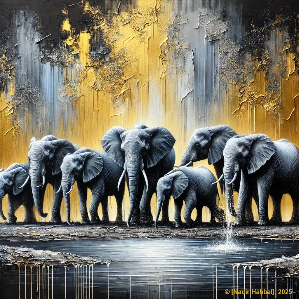 moderne Malerei-Schattengiganten am goldenen Strom