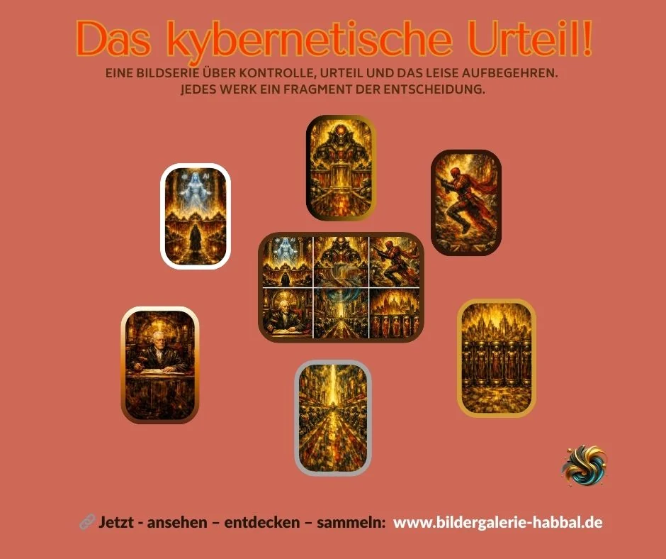Das kybernetische Urteil – NFT-Serie von Nadir Habbal Das kybernetische Urteil – NFT-Kunstserie über Kontrolle und Urteil, 6 goldene Cyber-Artwerke von Nadir Habbal