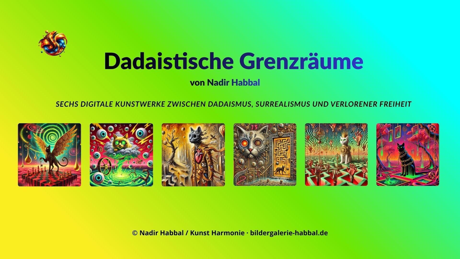 Dadaistische Grenzräume – Digitale Kunstedition von Nadir Habbal Dadaistische Grenzräume – digitale Kunstedition von Nadir Habbal mit surrealen Katzenwesen, Neonfarben und symbolischen Bildwelten